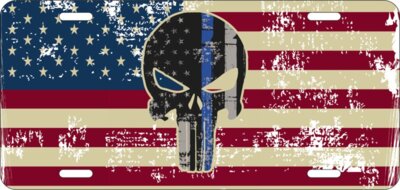 American flag with blue line skull distressed