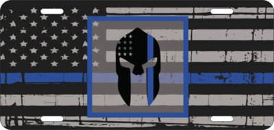 Blue line flag with blue line skull distressed inside the square